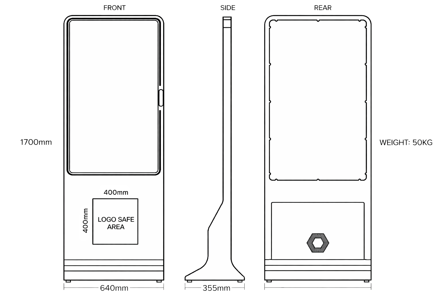 FRXME Technical Specifications — Front, Side, and Rear views with dimensions: 1700mm height, 640mm width, 355mm depth, 50kg weight